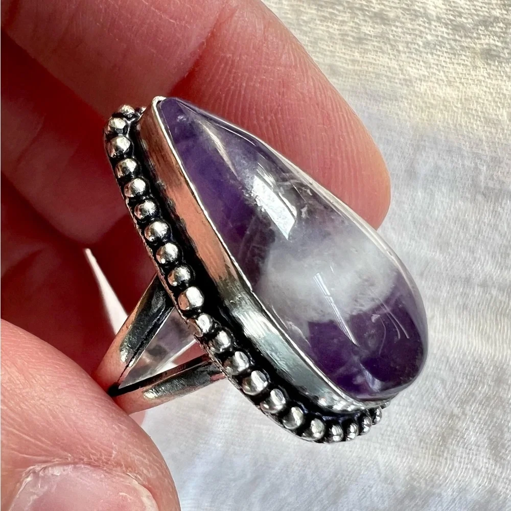 925 Crown Chakra Amethyst Teardrop Ring 8 - Picture 3 of 9